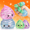 A hand holds a pink glitter squishy stress ball and two green and purple versions of the same fidget toy.
