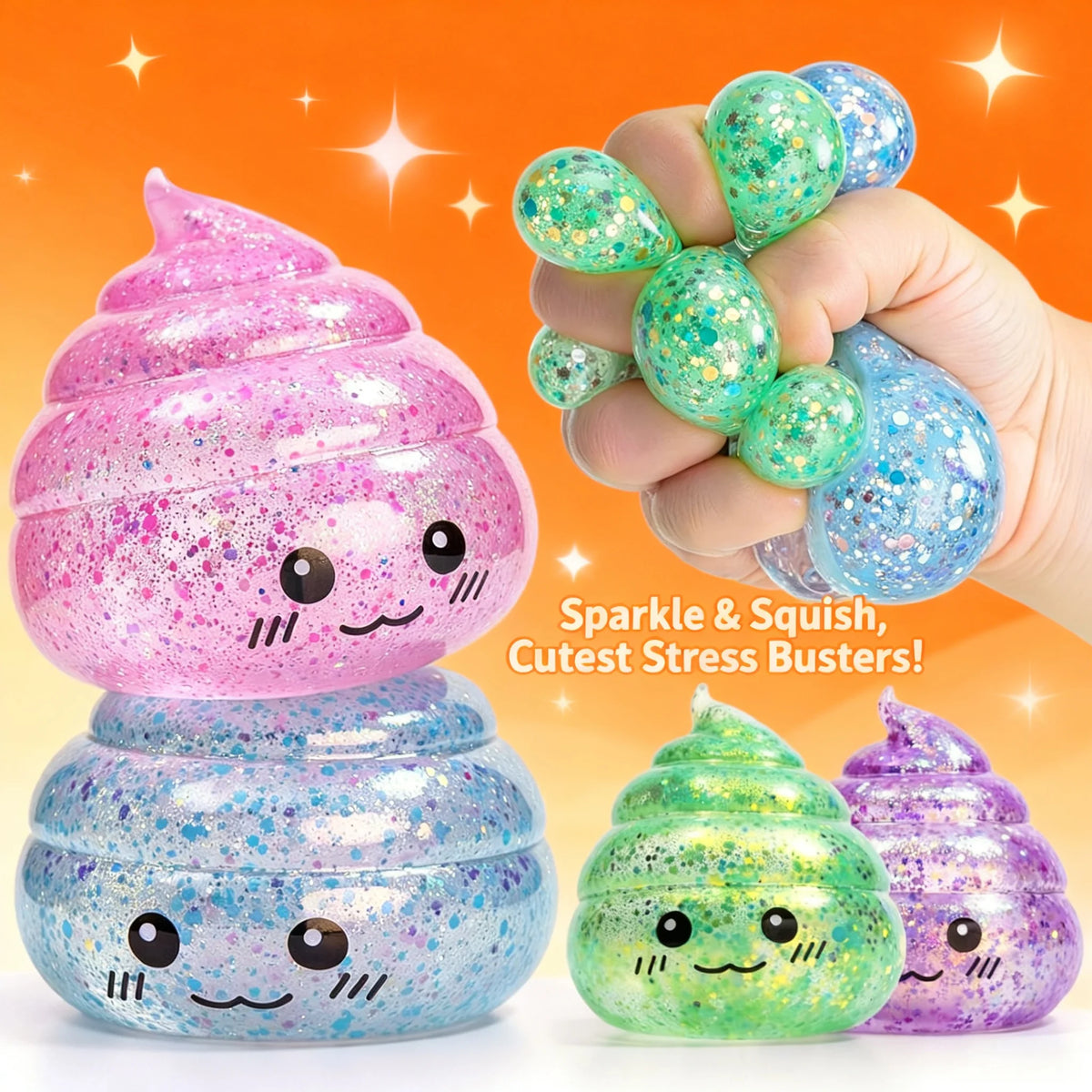 A hand holds a pink glitter squishy stress ball and two green and purple versions of the same fidget toy.