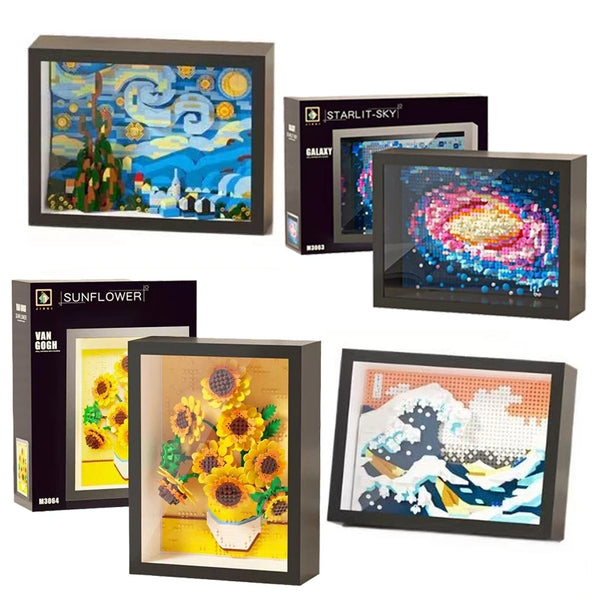 A collection of framed art prints featuring Van Gogh inspired scenes and diamond building blocks.