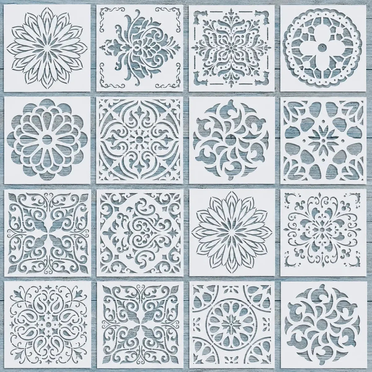 A collection of sixteen reusable mandala art stencils featuring various intricate floral and geometric patterns.
