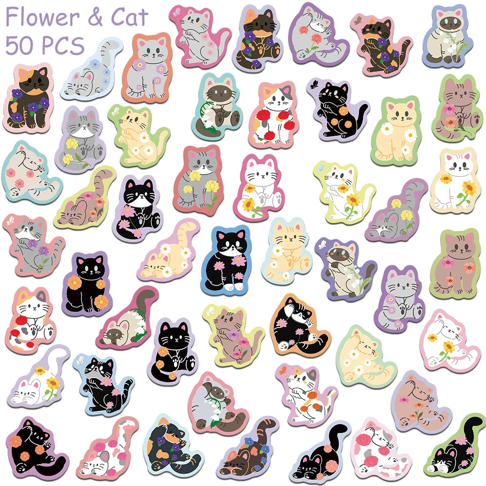A collection of 50 cute cartoon cat stickers featuring various poses and colors.