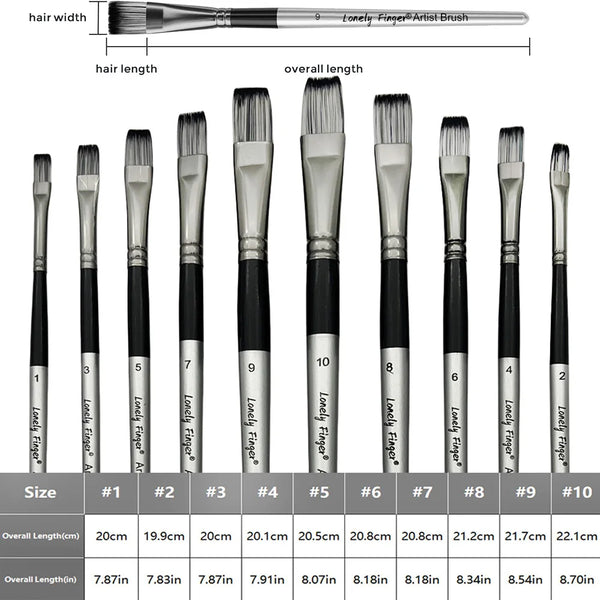 A set of ten flat paint brushes with varying sizes and lengths for artists.
