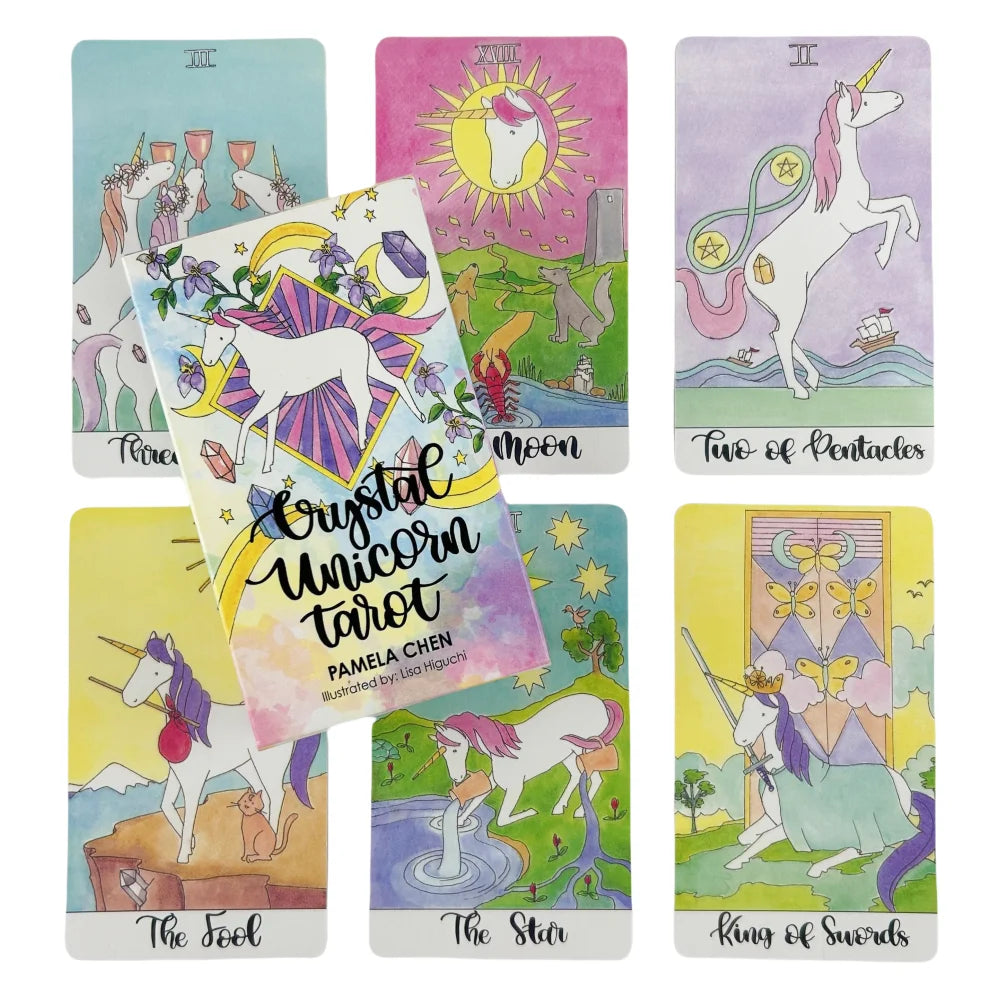 A collection of Crystal Unicorn Tarot cards featuring unicorn illustrations and mystical artwork.