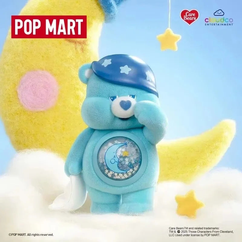 A blue Care Bear figurine with a starry design is featured against a yellow moon background.