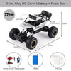 A black 37cm alloy RC car with a battery and foam box shown from above.