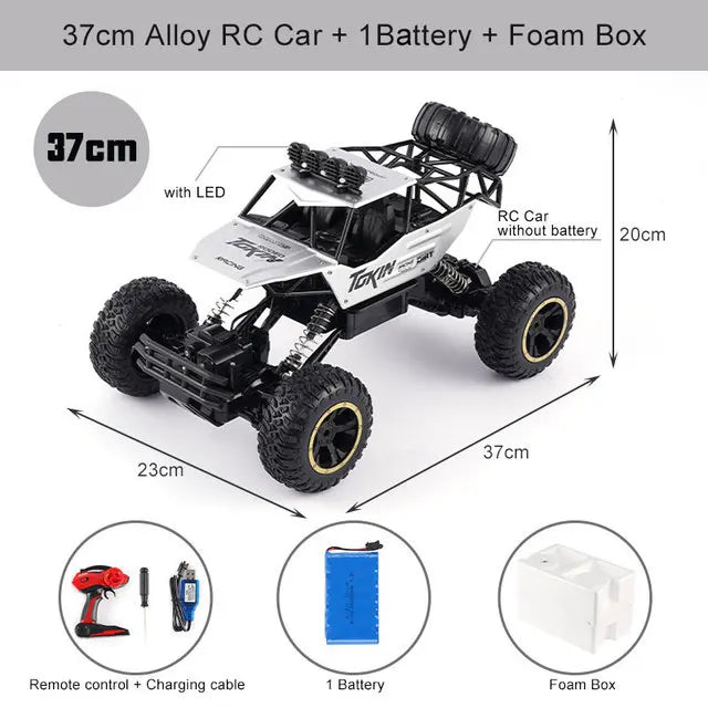 A black 37cm alloy RC car with a battery and foam box shown from above.