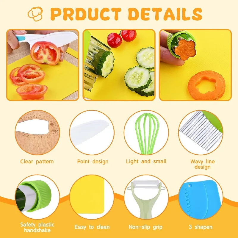 Montessori Kids Kitchen Tools Set with Safe Knives and Cutting Board