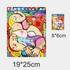 A colorful collage of iron-on heat transfer patches featuring various designs and text on a fabric background.
