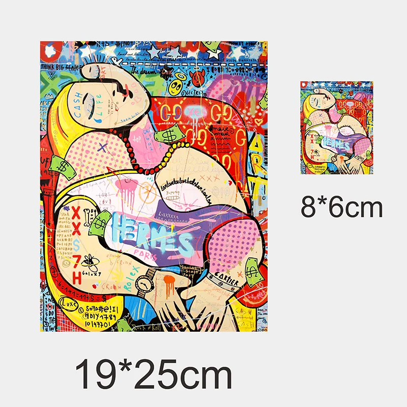 A colorful collage of iron-on heat transfer patches featuring various designs and text on a fabric background.