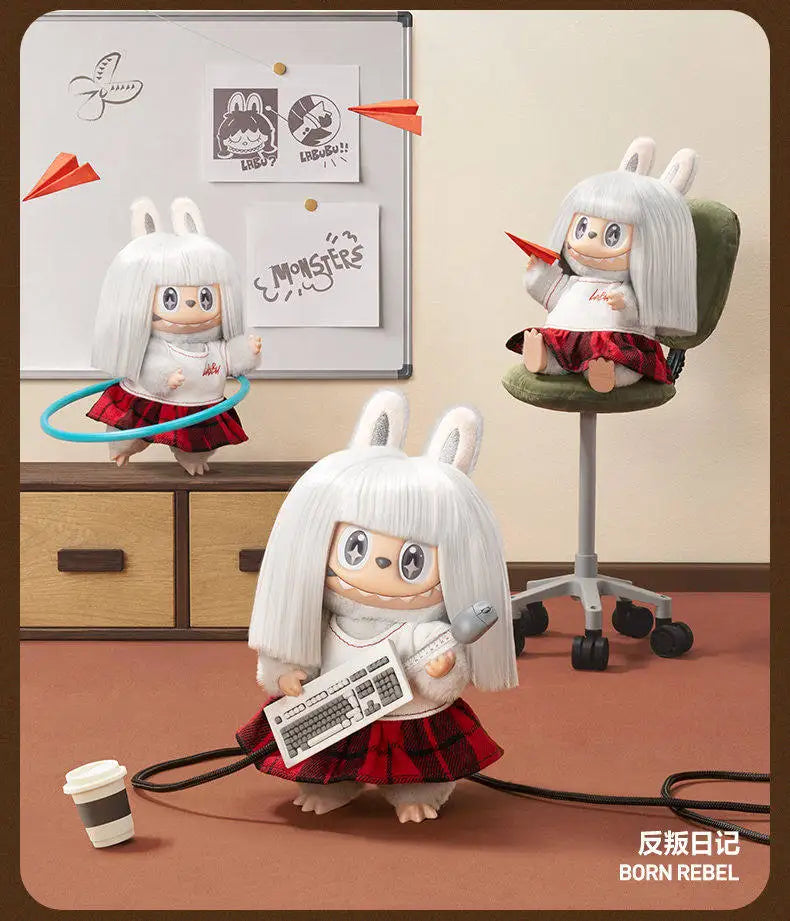 A white vinyl plush pendant of a monster character with large ears and a red plaid skirt sits on a desk.
