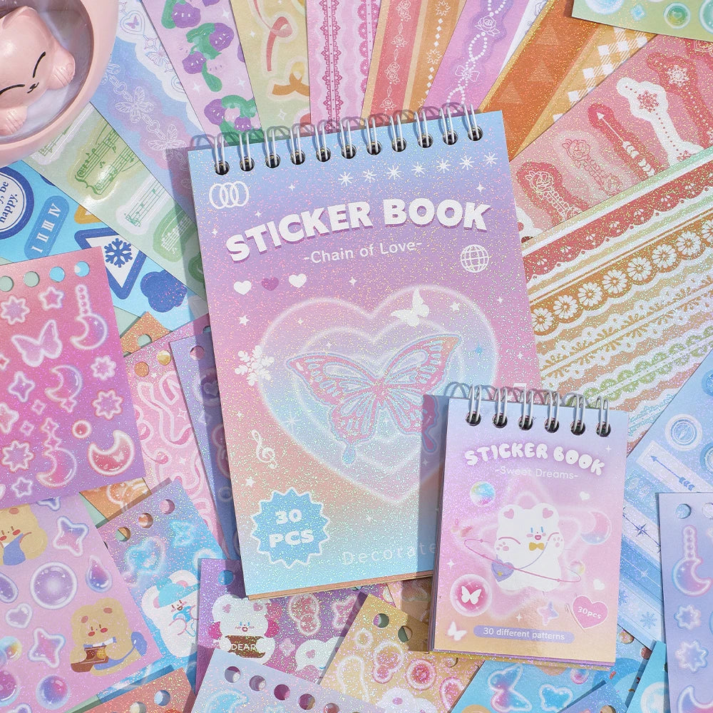 A stack of pastel-colored sticker books and sheets featuring various decorative patterns and designs for crafting.