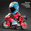 Diecast motorcycle q version model in red and blue with a black visor