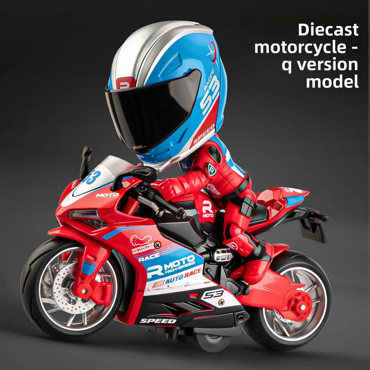 Diecast motorcycle q version model in red and blue with a black visor