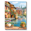 A vibrant painting of an old terracotta building overlooking a blue water, with lush greenery and a stone dock.