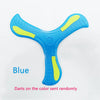 Blue soft foam boomerang flying disc with yellow accents