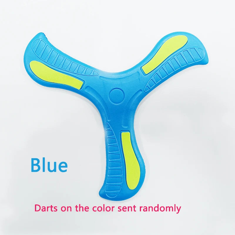 Blue soft foam boomerang flying disc with yellow accents