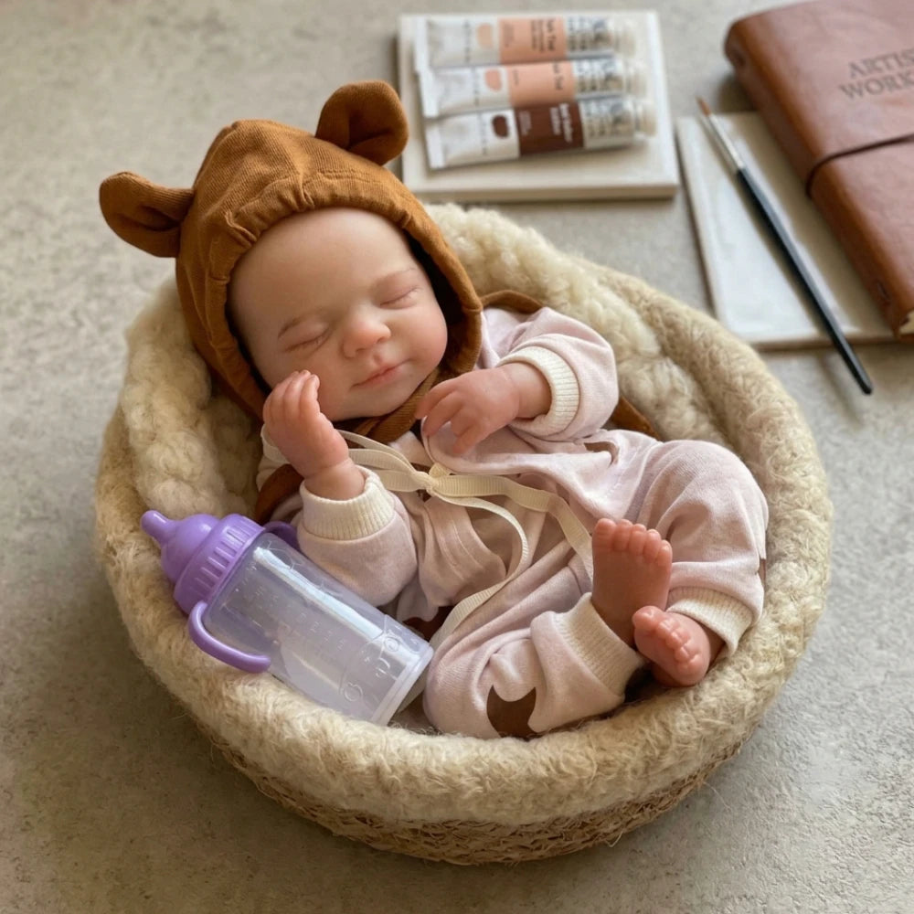 A newborn baby doll wearing a brown hood is resting in a natural fiber bowl surrounded by art supplies.