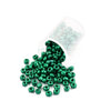 A clear container filled with green glass seed beads for jewelry making