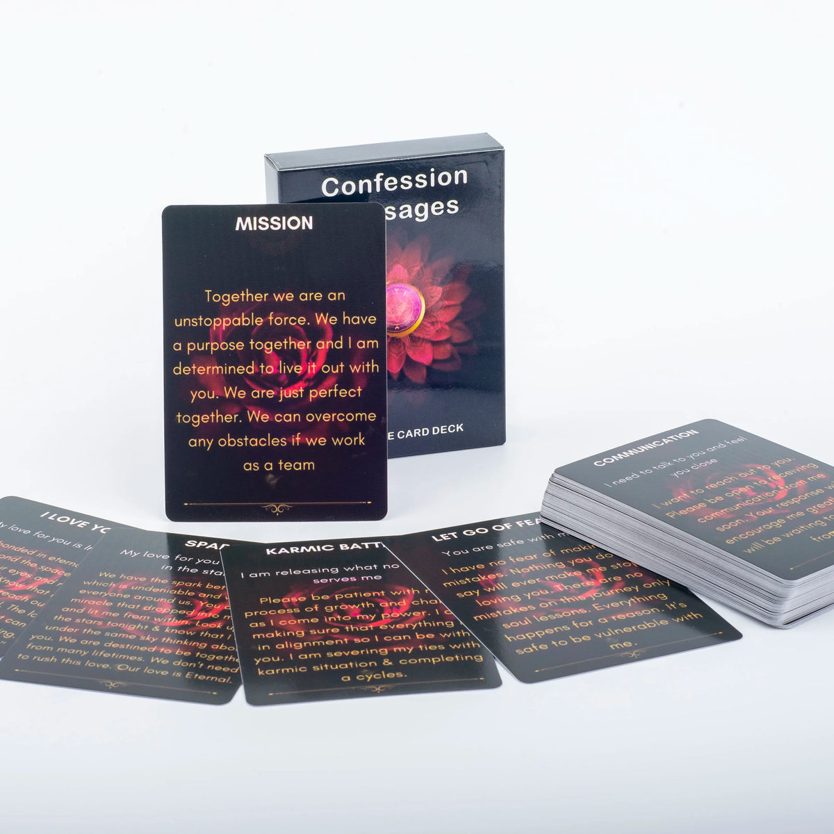 A collection of black and red oracle cards for love and confession messages, including a mission deck and a card deck.