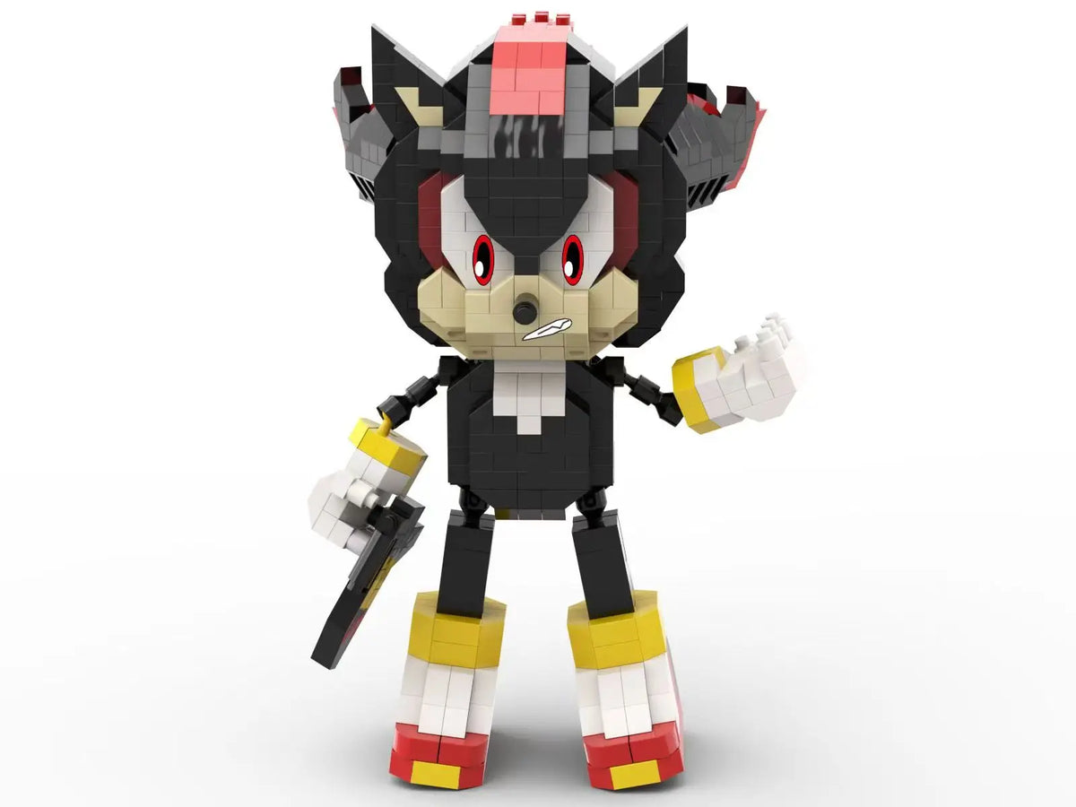 A black and gray stylized dinosaur figure built from building blocks with red accents.