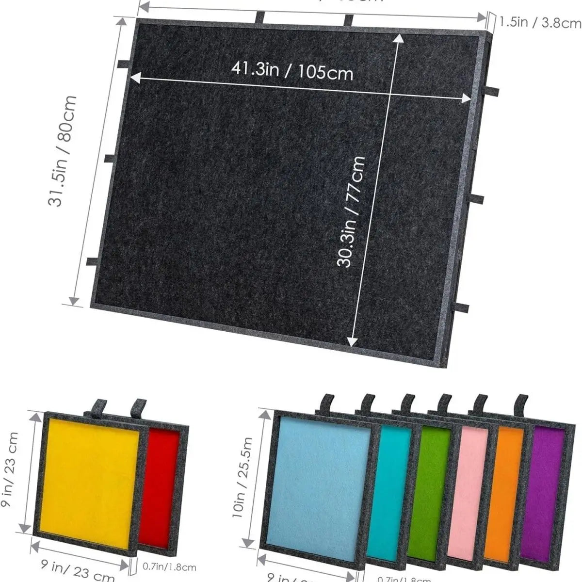 A rectangular puzzle board with a black surface and eight storage drawers, showing various colored drawer fronts.