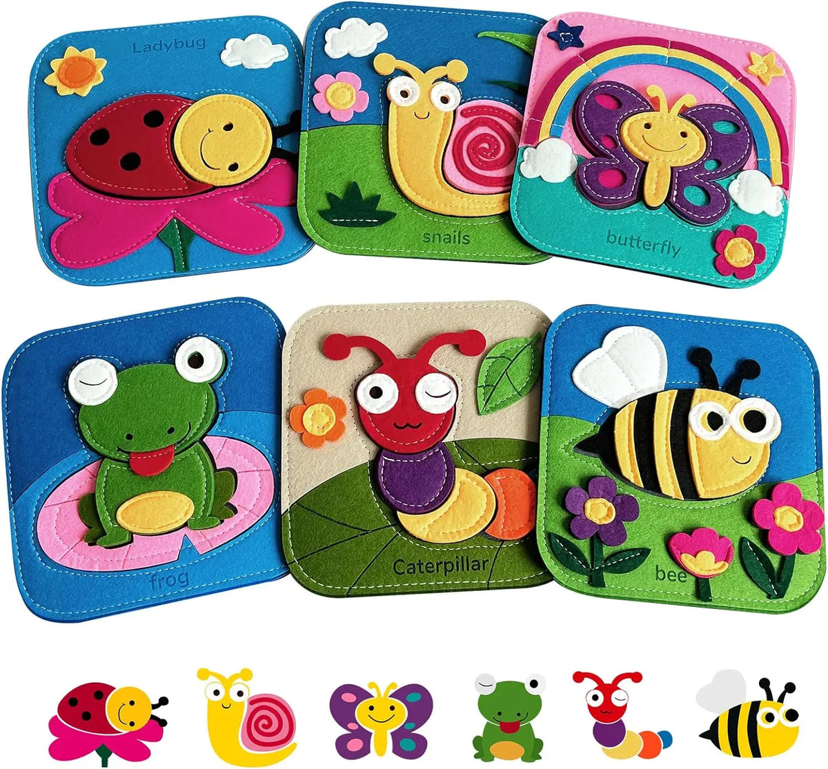 A set of colorful Montessori busy board cards featuring animals like ladybugs, snails, frogs, caterpillars, bees, and butterf