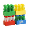 A set of mini supermarket and food building blocks featuring various colored bricks for creating food items.