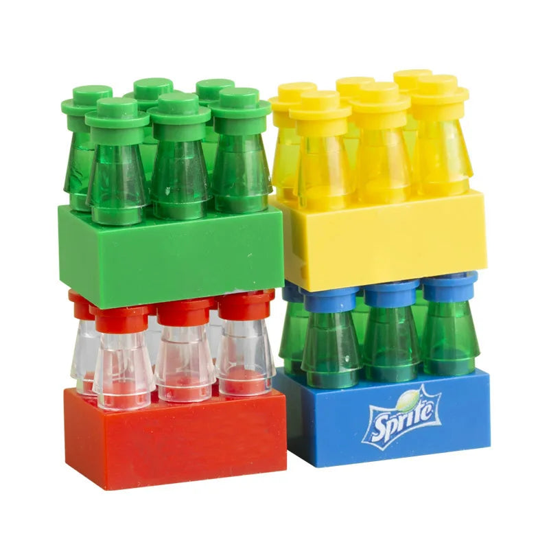 A set of mini supermarket and food building blocks featuring various colored bricks for creating food items.