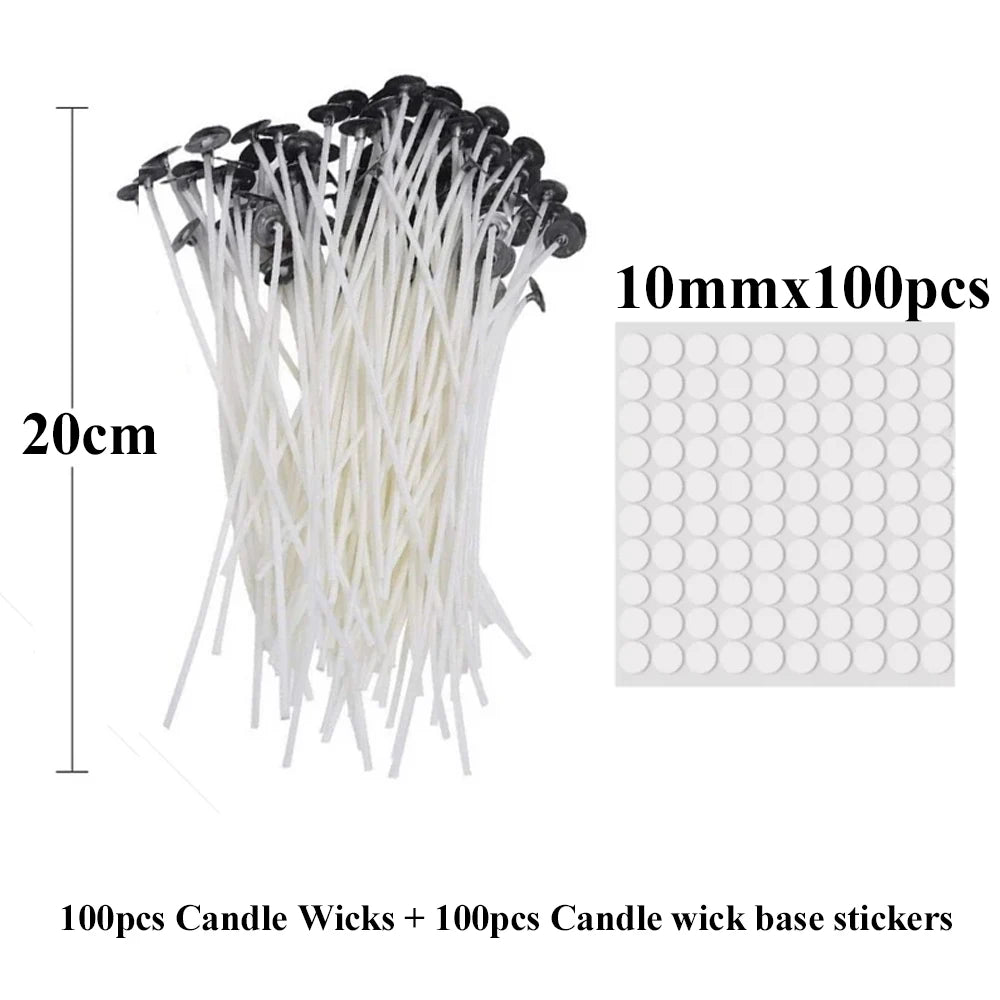 A bundle of 100mm candle wicks and 100 pieces of candle wick base stickers.