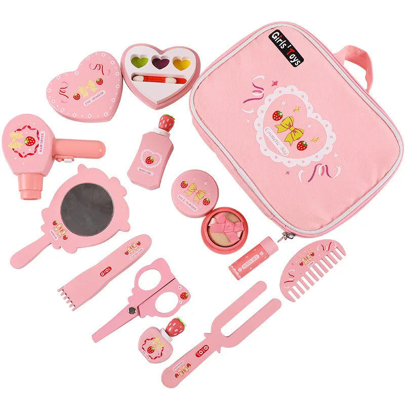 Wooden Pretend Play Makeup Set with Dressing Table & Makeup Bag