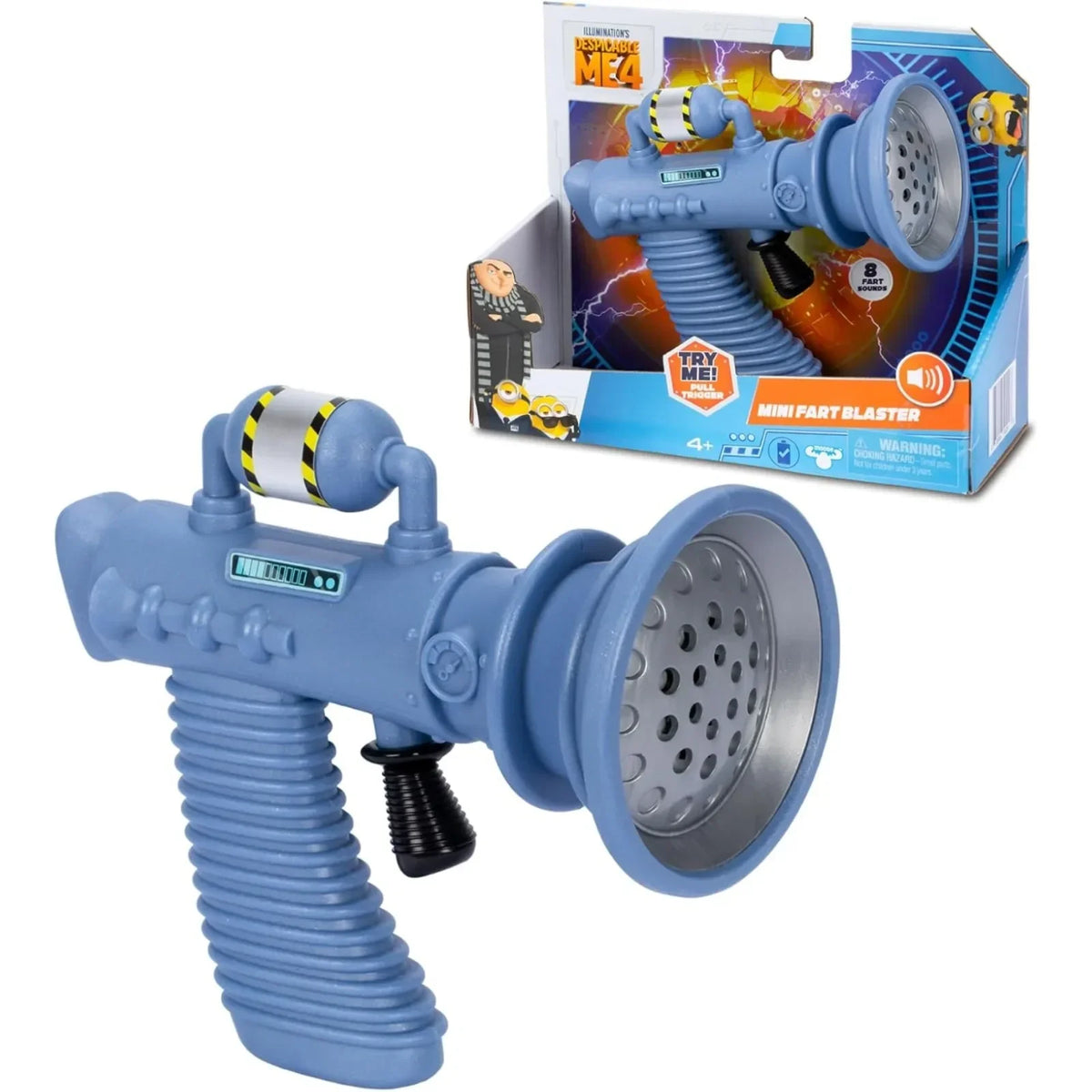 A blue Minions Fart Blaster toy gun and its packaging box.