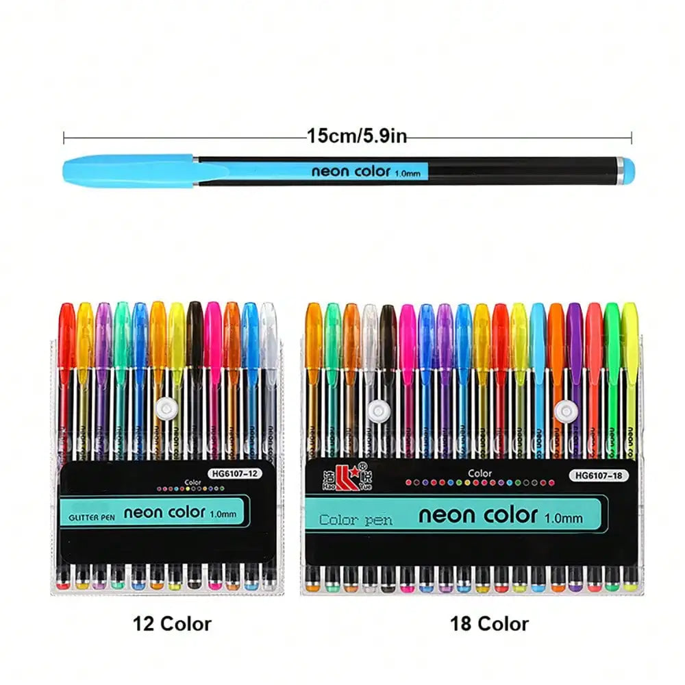 A set of metallic glitter gel pens in various colors, including 12 and 18 colors.
