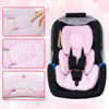 A pink plush double-sided stroller seat cushion is shown in various angles inside its carrying case.
