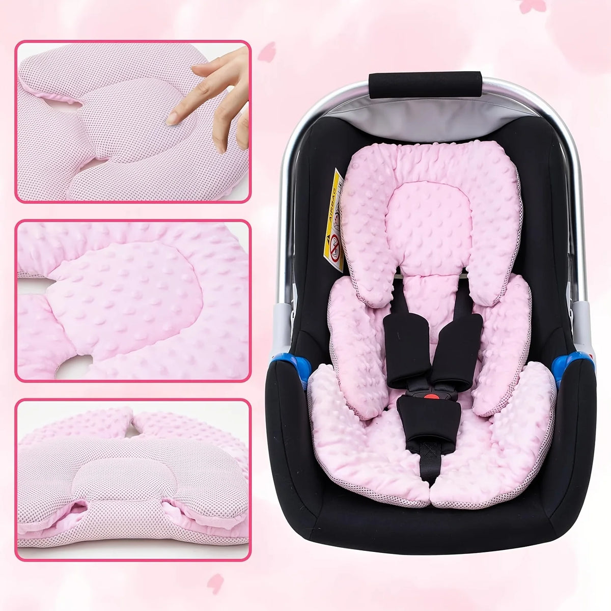 A pink plush double-sided stroller seat cushion is shown in various angles inside its carrying case.