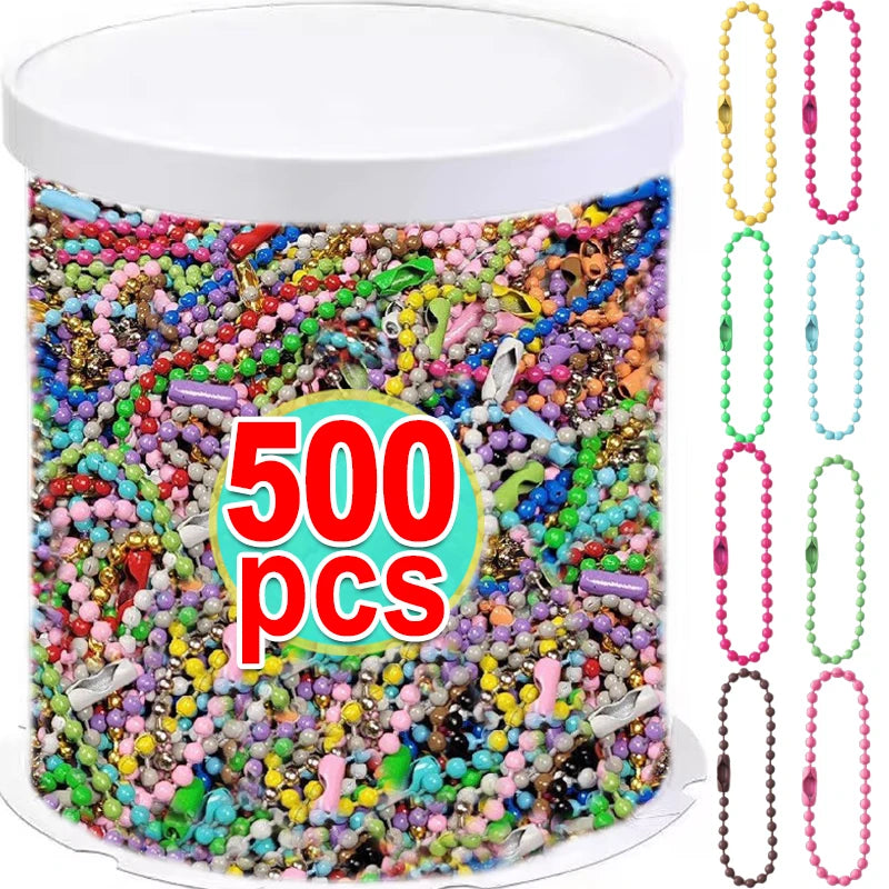 A jar filled with colorful ball bead chains for DIY jewelry and keychains