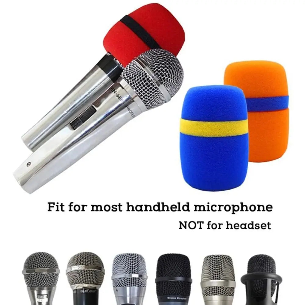 A set of foam microphone windscreen covers in red, orange, and blue for handheld microphones.