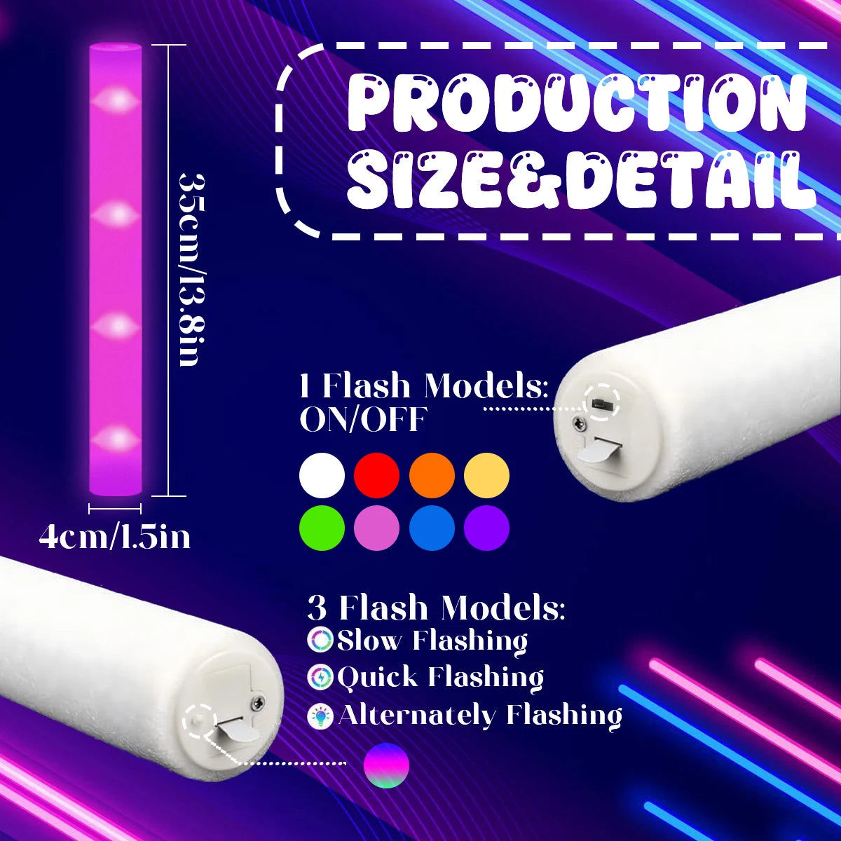 Diagram showing production size and detail of LED foam glow sticks with ON/OFF, slow flashing, quick flashing, and alternatel