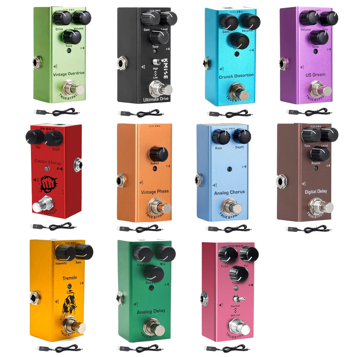 A collection of eleven compact multi-effects guitar pedals in various colors and finishes.