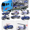 A die-cast construction truck set featuring a blue transporter truck and several police and utility vehicles.