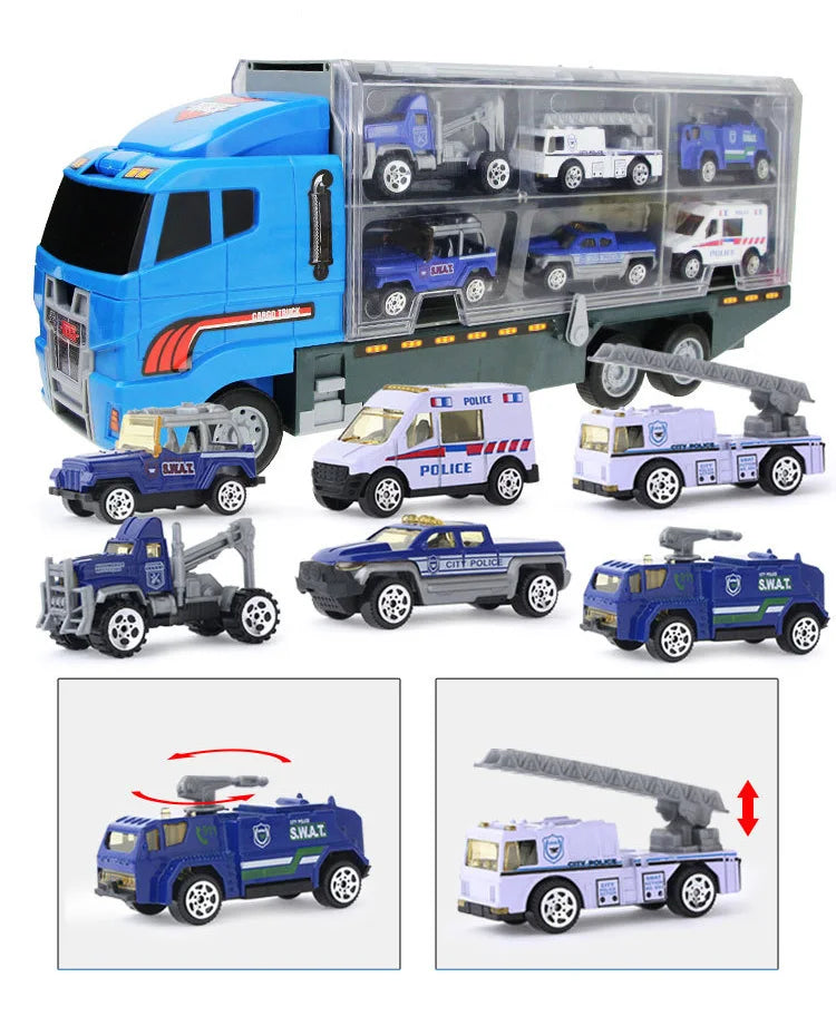 A die-cast construction truck set featuring a blue transporter truck and several police and utility vehicles.