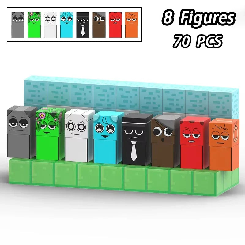 A set of 8 figures made of magnetic building blocks in various colors and expressions.