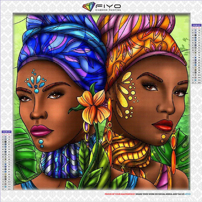 Diamond painting kit featuring a portrait of an African woman with vibrant colors and intricate details.