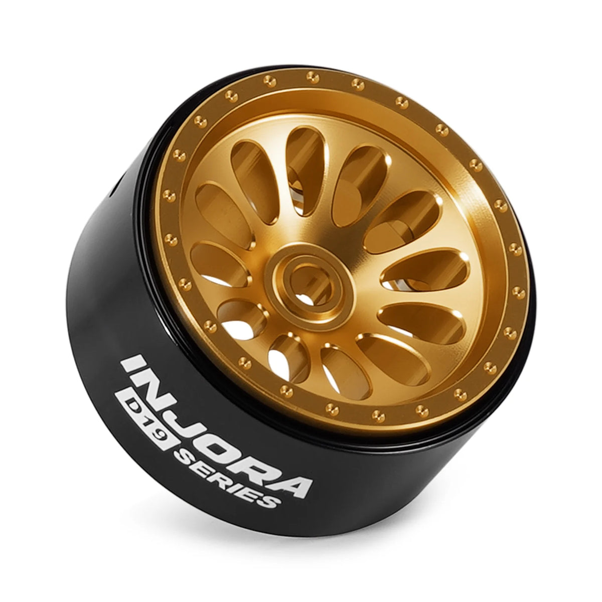 Injora Series beadlock wheels with a gold finish and black mounting, shown from above.