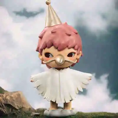 A small mischievous figure with pink hair and a gold conical hat stands on a grassy surface.