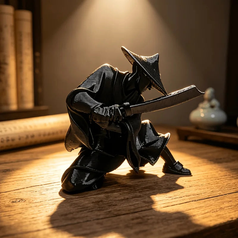 A dark 3D printed samurai warrior figurine in traditional attire wielding a sword, displayed on a wooden surface.