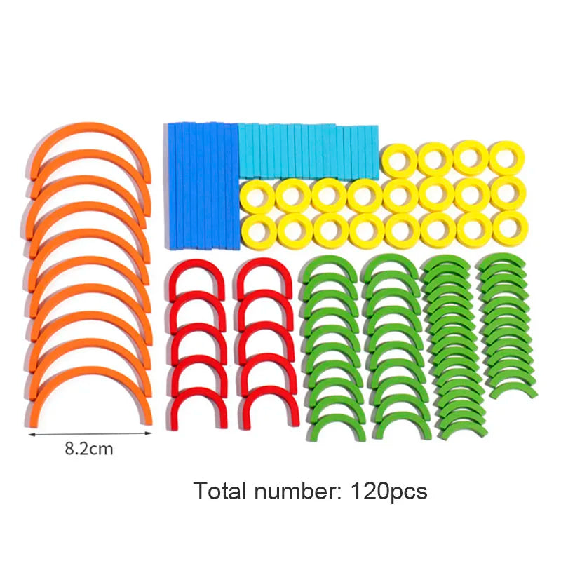 A collection of wooden creative sticks and rings in various colors including orange, blue, yellow, and green for a kids puzzl