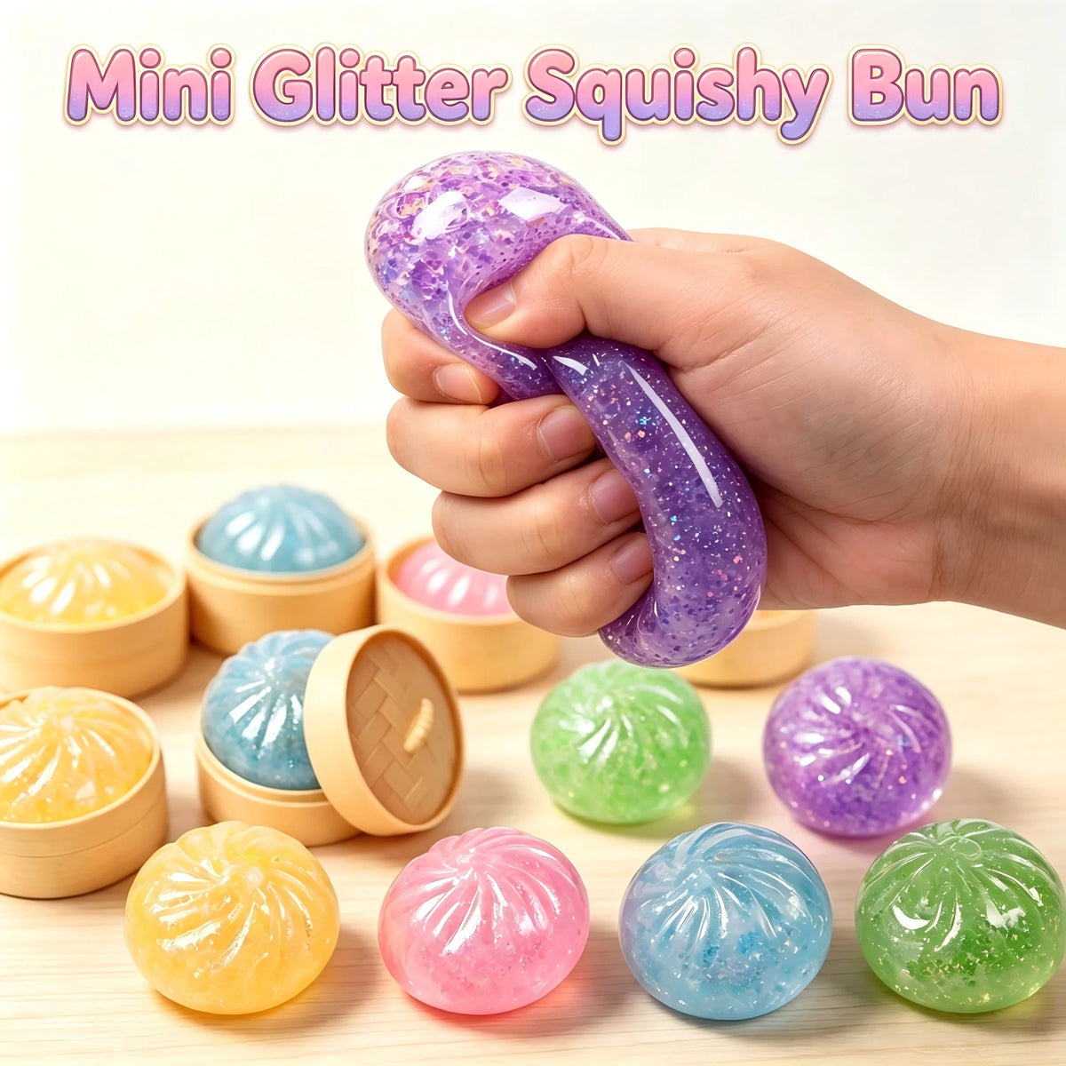 A hand holds a purple glitter squishy bun toy next to several other colorful squishy balls.