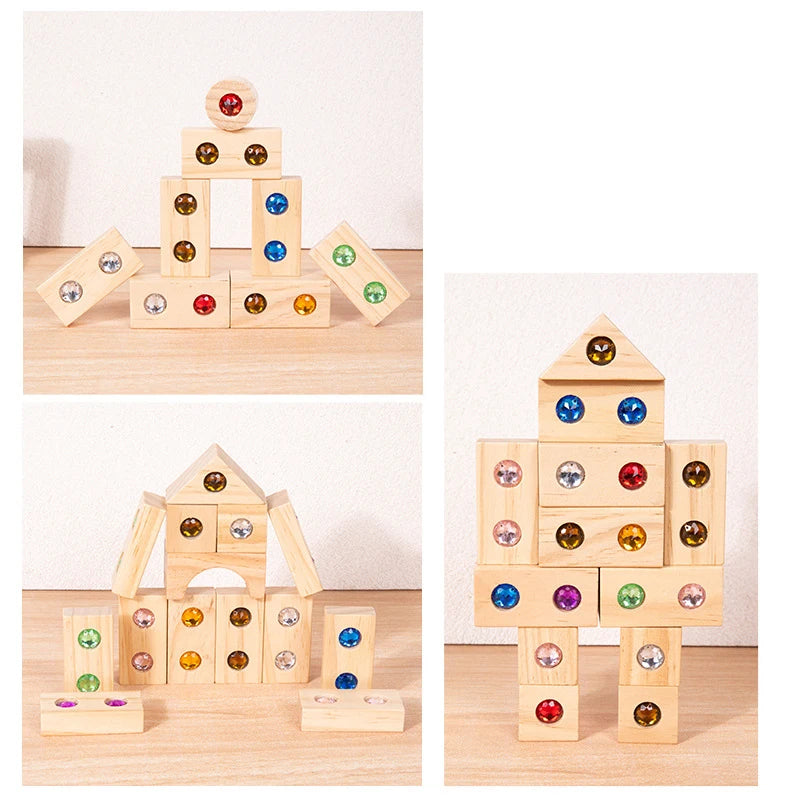Rainbow Wooden Stacking Blocks with Acrylic Gems