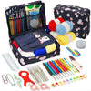 A crochet kit featuring yarn, needles, and accessories organized in a black fabric case.