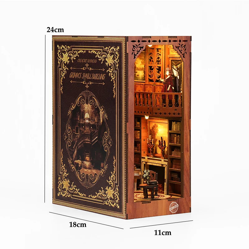 A wooden miniature bookshelf book nook kit featuring detailed architecture and LED lighting.